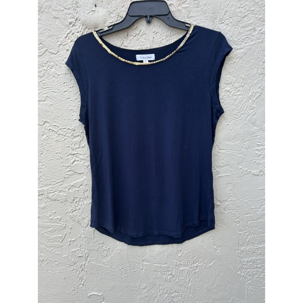 Calvin Klein Navy Blue Cap Sleeve Blouse Gold Chain Neckline Top Size M